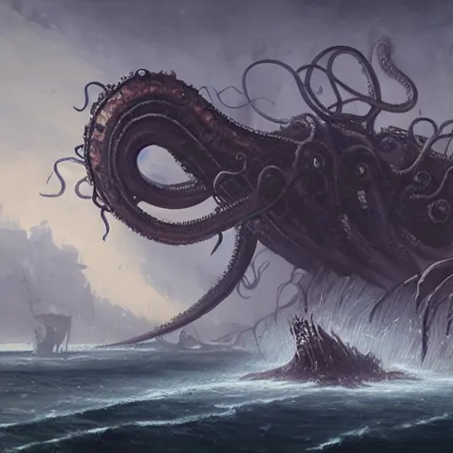 Prompt: a kraken with multiple eyes, tentacles rising from the sea, exploded ship, magic the gathering art, art by greg rutkowski, fantasy rpg, league of legends