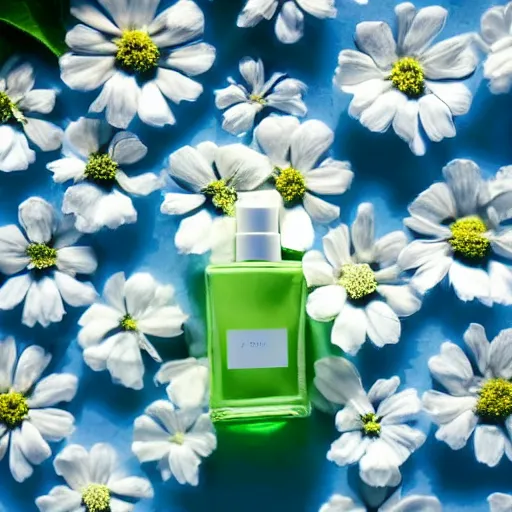 Image similar to bright perfume bottle sitting on a white clean surface surrounded by a plethora of blurred white flowers close up shot, upfront, with sunny bright blue sky and clouds in the background, softly - lit, soft - warm, zen, light, modern minimalist f 2 0 clean