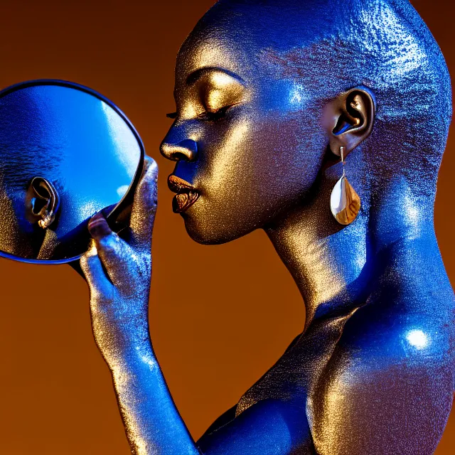 Image similar to portrait of metallic face, african woman, mercury, mirror reflections, smooth, liquid metal, proud, looking away, outdoor, blue sky, 8 k, realistic, depth of field, highly detailed, award winning photography