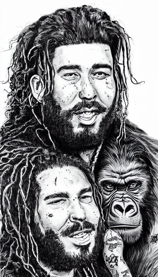 Prompt: ball pen illustration of Post Malone with a gorilla on his back
