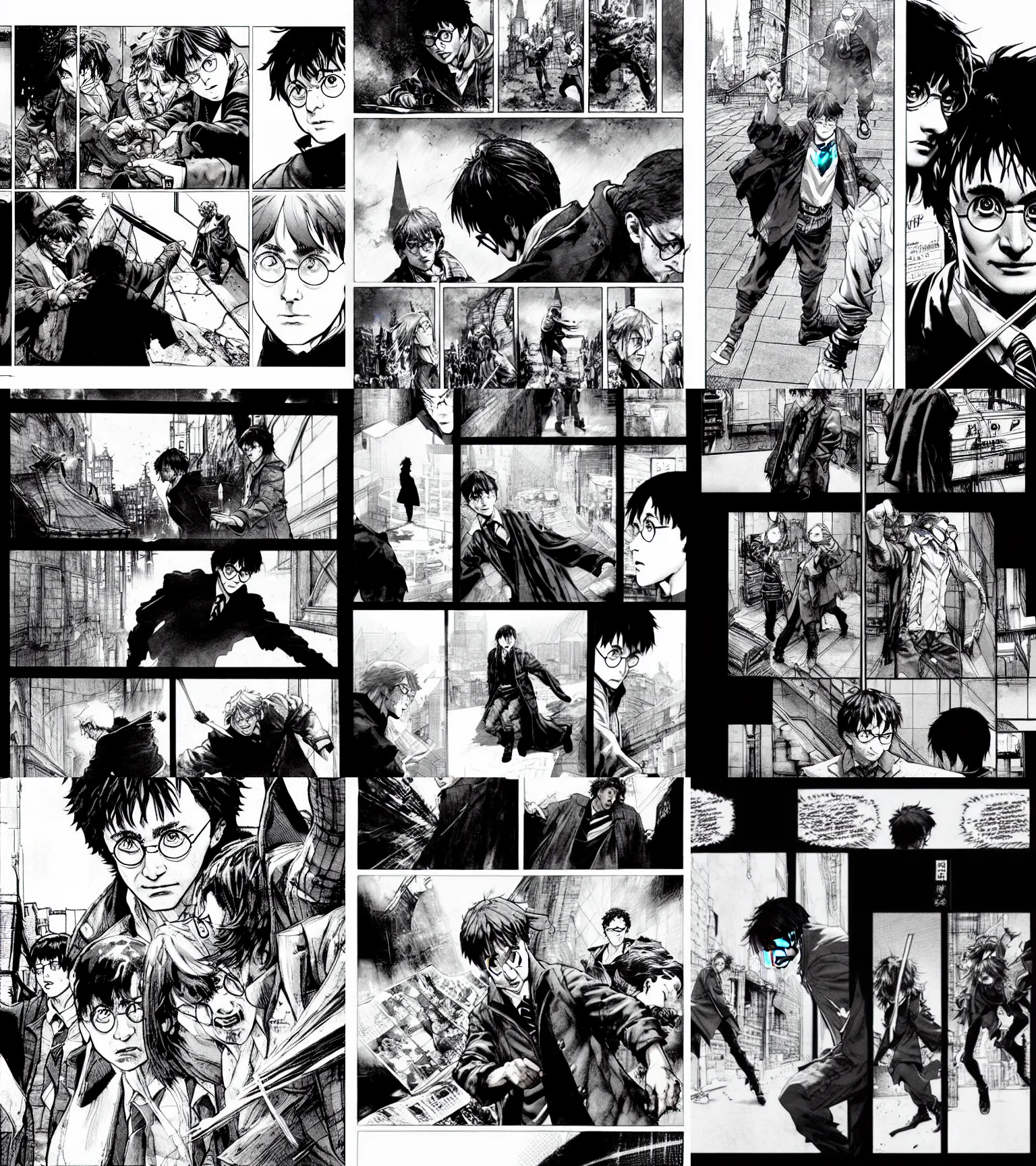Prompt: a scene of harry potter looking for his missing glasses, black and white, comic book art, by yoji shinkawa and takehiko inoue and kim jung gi, masterpiece, perfect