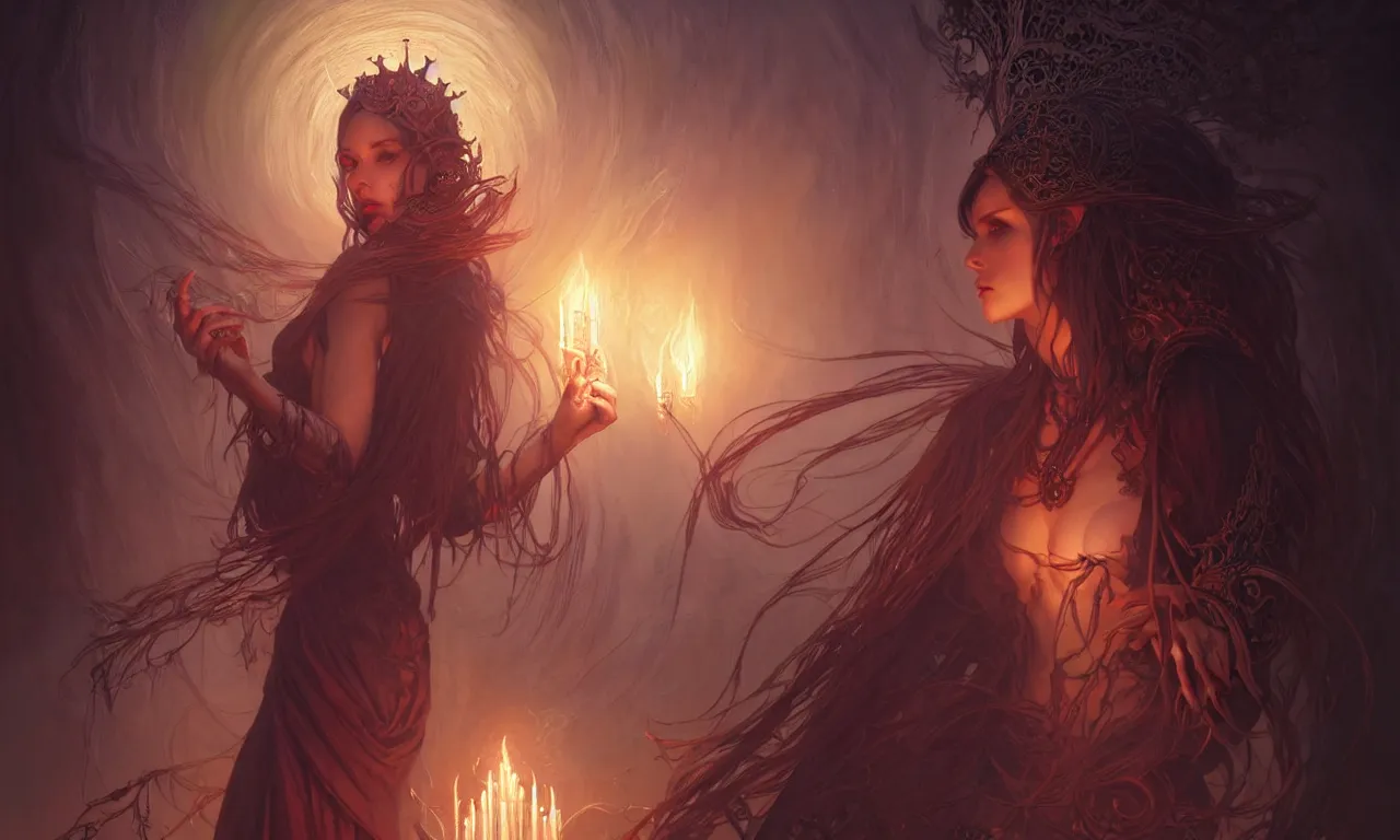 Image similar to Necromancer Sorceress in center, fantasy magic, undercut hairstyle, dark light night, intricate, elegant, sharp focus, illustration, highly detailed, digital painting, concept art, matte, art by WLOP and Artgerm and Greg Rutkowski and Alphonse Mucha, masterpiece