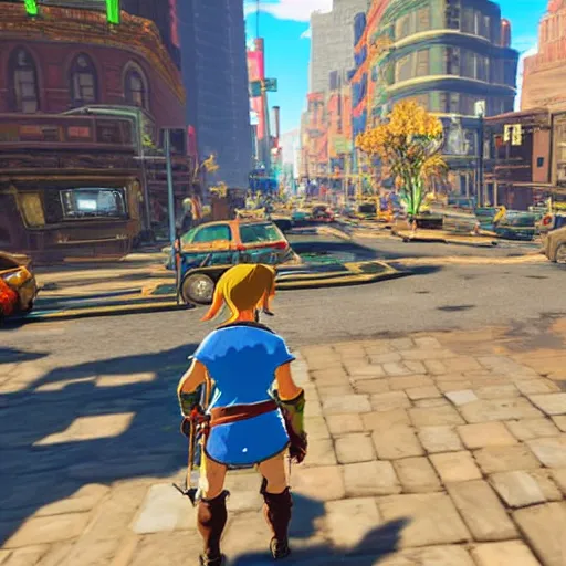 Prompt: the streets of New York City, Breath of the Wild gameplay