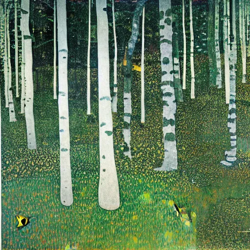 Image similar to Looking down at the forest floor, covered in fallen leaves, A green gold forest in Japan, dark, midnight, ghostly white trees, Gustav Klimt