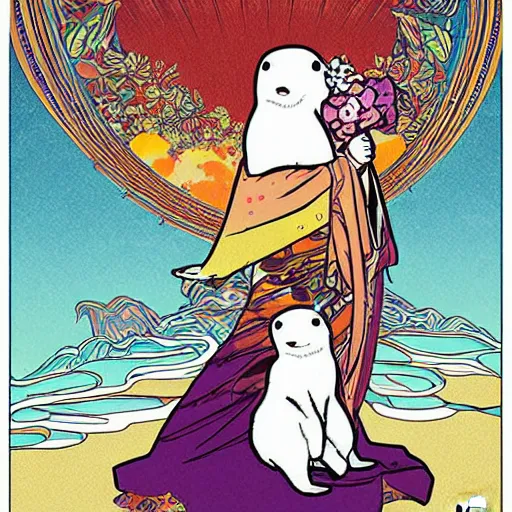 Image similar to baby harp seal sakura sunset illustration, pop art, splash painting, art by geof darrow, ashley wood, alphonse mucha