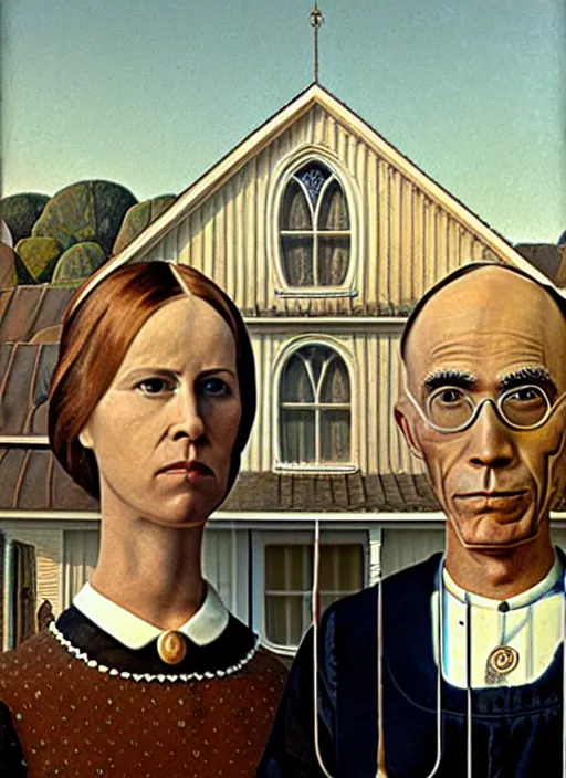 Image similar to a painting by grant wood of an astronaut couple, american gothic style