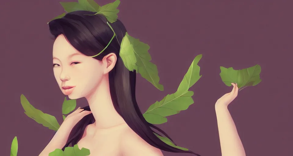 Image similar to asian female wearing leaf costume, contrast lightning, rough dark background, art by dannylailai on artstation, by hsiao ron cheng