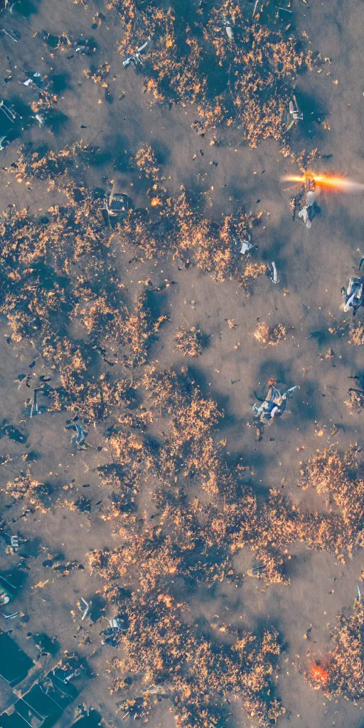 Image similar to detailed dji mavic flying over exploding troops, photo, kodak portra 4 0 0, direct flash, anti aliasing,