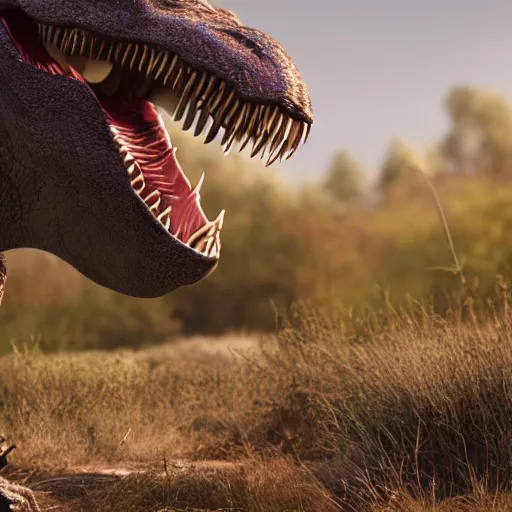 Image similar to a highly detailed photo realistic image of a T. Rex with feathers in its natural habitat, UE5, Octane, 8k