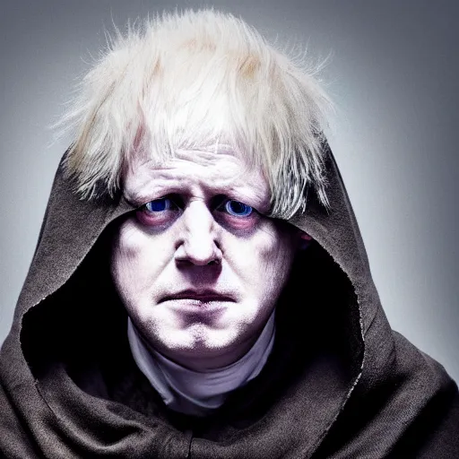 Prompt: A photo of (((Boris Johnson))) as Emperor Palpatine, hooded, ashy, bloodshot eyes, cinematic lighting, f 2.5