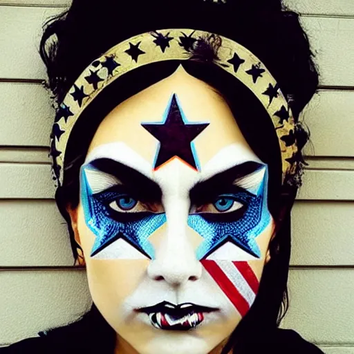 Image similar to a beautiful portrait sculpture designed by Sandra Chevrier, tribal head dress, American stars and stripes on face