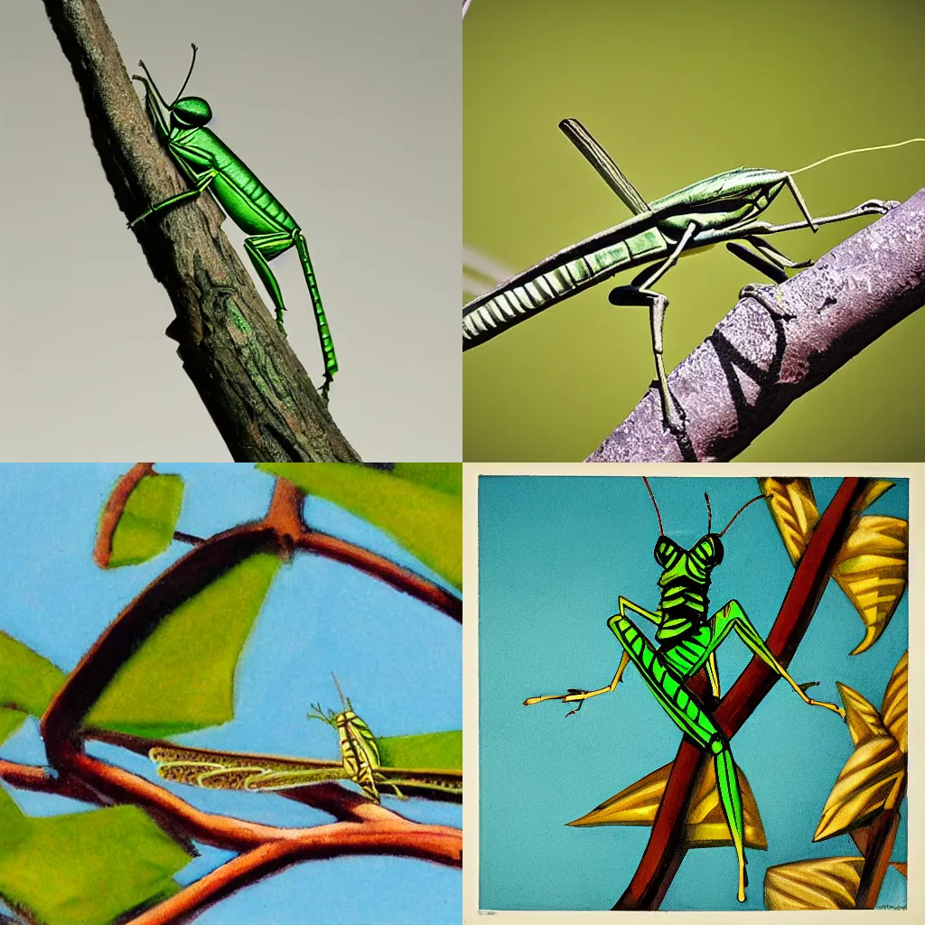 Prompt: grasshopper on a tree branch, Art Deco style