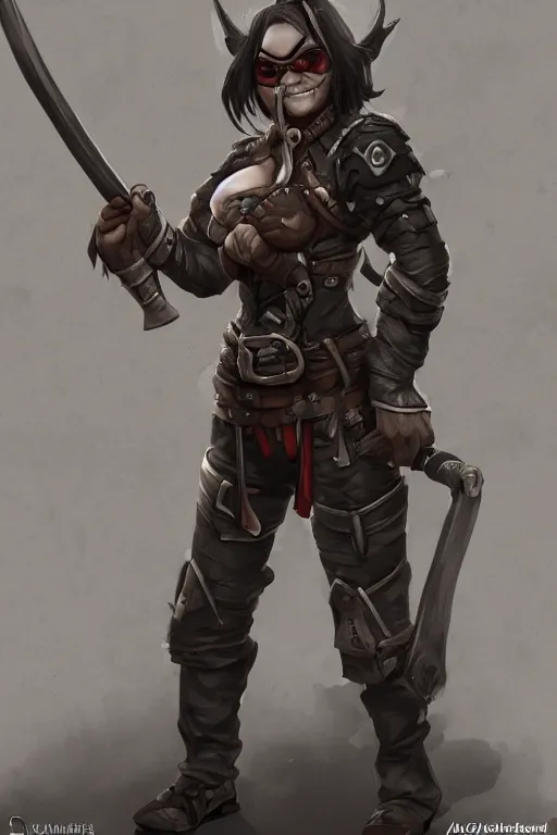 Image similar to full character image of : gender : female, race : orc, job : bounty hunter, weapon : katana, clothes : leather armor, accessories : goggles, body type : strong hair style : wavy, concept art, trending on artstation hd.