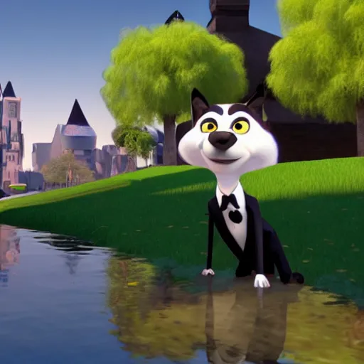 Image similar to a wolf as a gentleman wearing tuxedo on the pixar biome, smooth, intricate reflections, cinematic