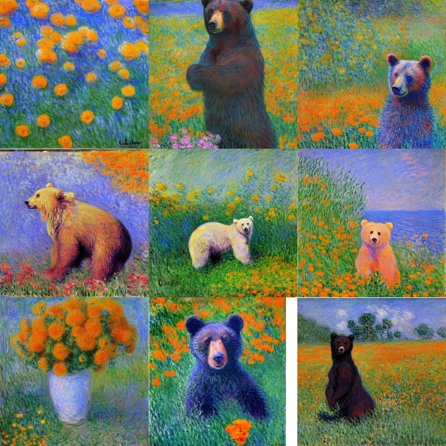 Prompt: a bear with california poppies for fur by Claude Monet