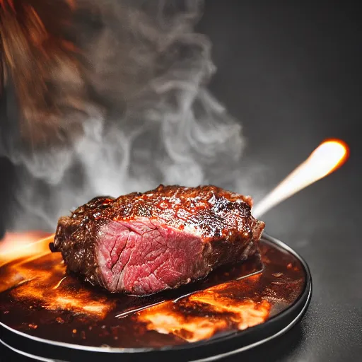 Image similar to explosion fireball sending meat everywhere wagyu steak gourmet food photography