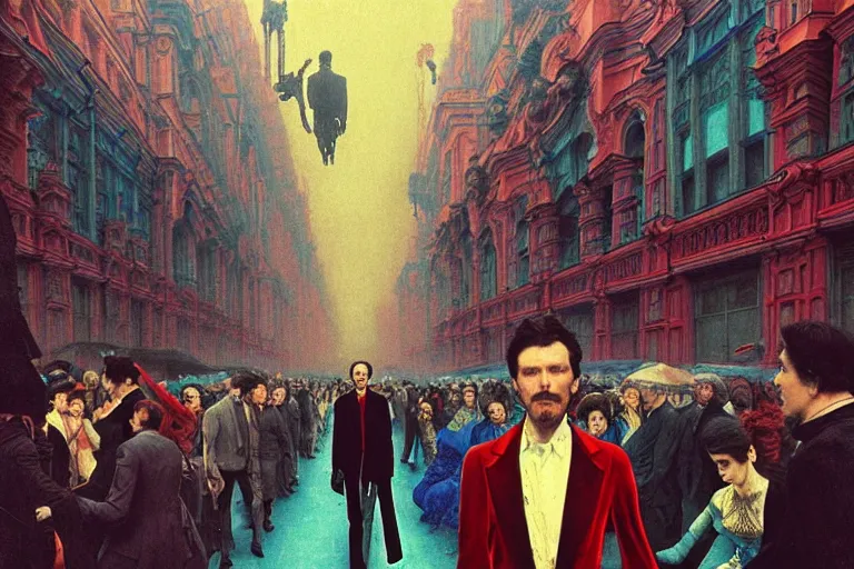 Image similar to realistic detailed photorealistic film portrait shot of a single skeleton wearing crimson velvet blazer in a crowded futuristic moscow street by Denis Villeneuve, Amano, Yves Tanguy, Alphonse Mucha, Ernst Haeckel, Andrei Tarkovsky, Edward Robert Hughes, Roger Dean, rich moody colours, wide angle, blue eyes