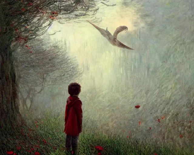 Image similar to a young boy with a red scarf, medium long brown hair, green eyes, is looking at a bird, ethereal, horror, fantasy art by greg rutkowski and magali villeneuve and claude monet