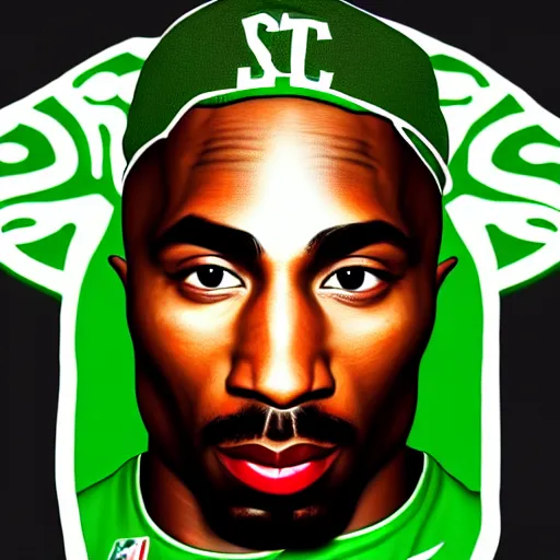 Image similar to portrait of tupac shakur, boston celtics jersey number 3 4, green, white, cartoon digital art, oil on canvas, trending on artstation, octane render