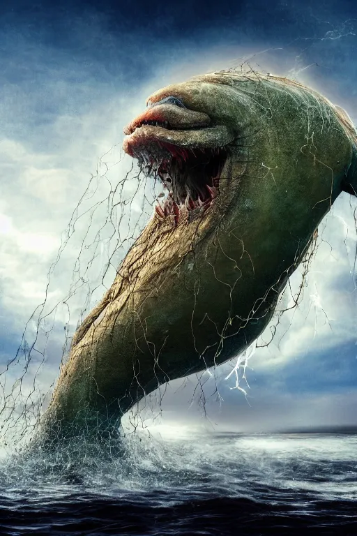 Prompt: high resolution photo of an obese giant fighting sea creature, splash, sand, earth, shells, tree roots, dark clouds, foliage, veins, lightning, big muscles, sweat, slime, troll, fishlike, gills, dragonlike, grown together, overgrown, electronic wires, god rays, dark, skin, plastic wrap,