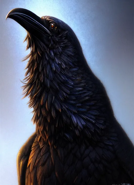 Prompt: closeup portrait of a raven, realistic, professionally, professionally color graded, intricate, elegant, highly detailed, centered, digital painting, artstation, concept art, smooth, sharp focus, illustration, artgerm, tomasz alen kopera, peter mohrbacher, donato giancola, mucha, joseph christian leyendecker, wlop, boris vallejo