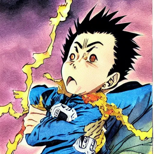 Image similar to young boy angry with pompadour hair, art by katsuhiro otomo, tetsuo hara, hirohiko araki, jotaro kujo, banchou, action pose, manga cover, watercolor