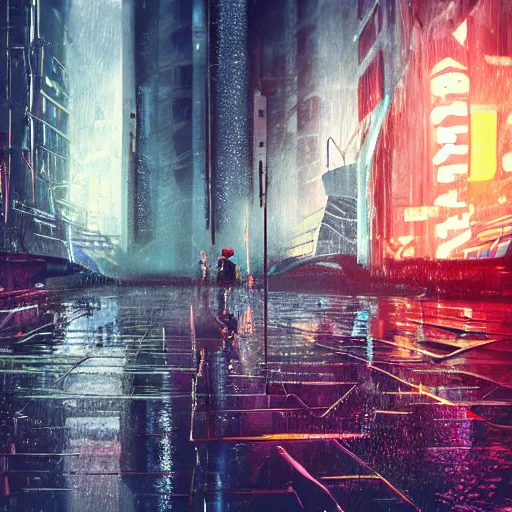 Prompt: gigantic chrome pyramid in the distance, brutalist, blade runner, sci fi, stunning detail, cityscape, cyberpunk, wet street, 8k, cinematic lighting, ultra realistic, colorful, neon, octane rendered,