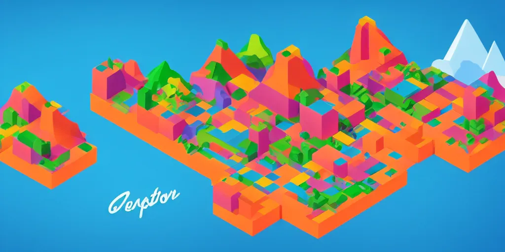 Image similar to an isometric colorful videogame world, epic mountains, duotone, azure ocean in the background, blocks
