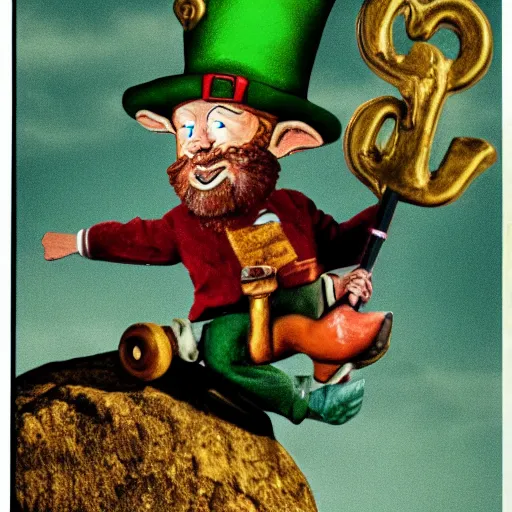 Prompt: A photograph of a leprechaun riding a gnome.