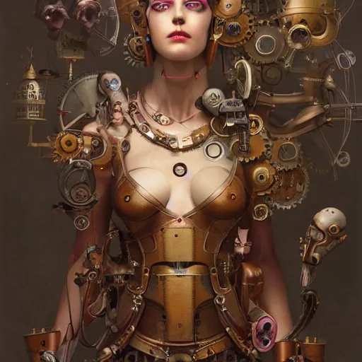 Image similar to by tom bagshaw, photorealist vivid render of a carnival of curiosities marvel, single bald steampunk female in a full ornated armor, gears, cables, led, flying machinery, partial symmetry accurate features, very intricate details, focus, award winning, ultra dense fog, trending on behance