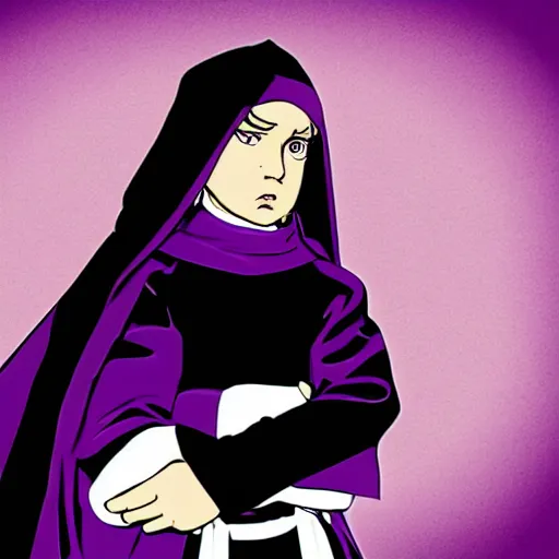 Prompt: little boy wearing nun outfit, purple and black color palate, artwork in western comic art style, inspired in hirohiko araki