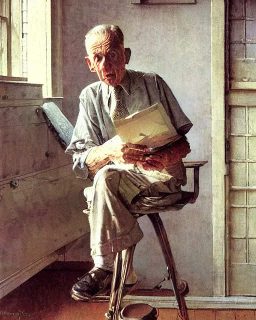 Image similar to high quality high detail painting by norman rockwell, hd, portrait, old man, muted pastel colors, photorealistic lighting