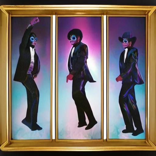 Prompt: holographic triptych depicting the emancipation of michael jackson