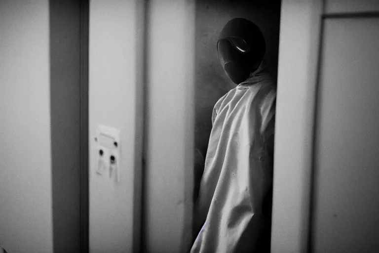 Image similar to a cinematic portrait of a prisoner dressed in a a black and white hazmat suit, in a small prison cell, dust storm, annie leibovitz and zack snyder, 8 k, hd, high resolution, 8 5 mm, red and white color theme, f / 1. 8