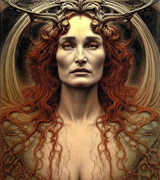 Image similar to detailed realistic beautiful young jessica lange as queen of mars face portrait by jean delville, gustave dore and marco mazzoni, art nouveau, symbolist, visionary, gothic, pre - raphaelite. horizontal symmetry by zdzisław beksinski, iris van herpen, raymond swanland and alphonse mucha. highly detailed, hyper - real, beautiful