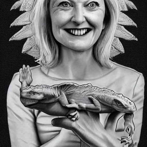 Prompt: a portrait of a lizard - person, reptilian, scales, photorealistic, ( ( ( liz truss ) ) )