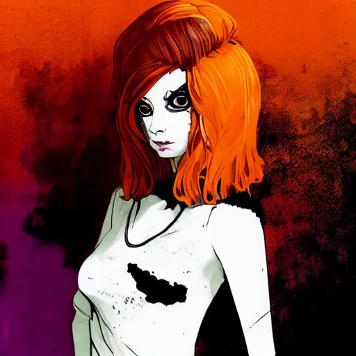 Image similar to Highly detailed portrait of pretty punk zombie young lady with, freckles and beautiful hair by Atey Ghailan, by Loish, by Bryan Lee O'Malley, by Cliff Chiang, inspired by image comics, inspired by graphic novel cover art, inspired by izombie, inspired by scott pilgrim !! Gradient orange, black and white color scheme ((grafitti tag brick wall background)), trending on artstation