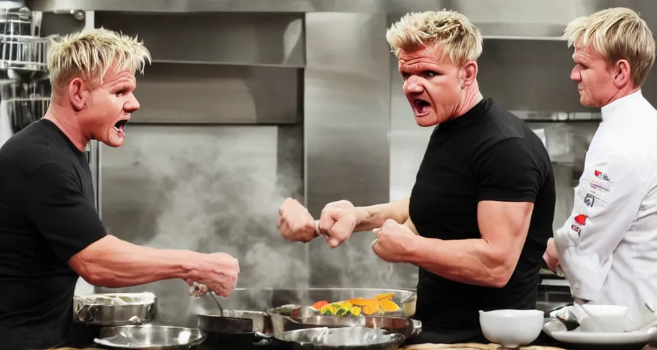 Image similar to photo of angry furious Gordon Ramsay punching Gordon Ramsay at the kitchen