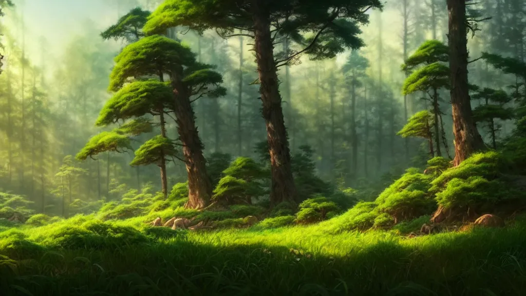 Image similar to forest clearing landscape, studio ghibli, pixar and disney animation, sharp, rendered in unreal engine 5, highly detailed, digital painting, artstation, concept art, smooth, sharp focus, illustration, wide angle, artbook, wallpaper, splash art, promo art, dramatic lighting, art by artgerm and greg rutkowski and bo chen and jin xiaodi