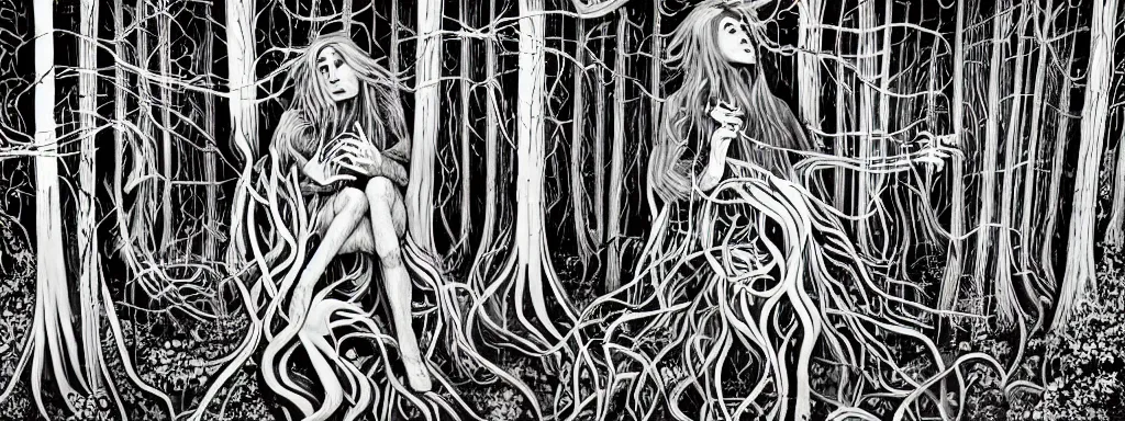 Image similar to a grunge technogaianist long-haired blonde digital musician playing modular synthesizer in the forest, technology and nature swirling in harmony, plugging vines into the synthesizer, trees swaying to the beat, postmodern surrealist concert poster, grainy poster art, hand drawn matte painting by Tara McPherson and Gary Houston, smooth, sharp focus, extremely detailed, 85mm.