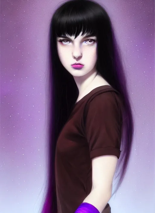 Image similar to portrait of teenage girl with white bangs, red irises, black hair, purple clothes, white bangs, bangs are different color from hair, intricate, front of hair is white rest is black, elegant, glowing lights, highly detailed, digital painting, artstation, concept art, smooth, sharp focus, illustration, art by wlop, mars ravelo and greg rutkowski