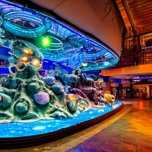 Image similar to undersea shopping center built from various sea shells, sea weed, light prisms, light diffraction, steampunk, cyberpunk, cool lights, anime, vhs distortion