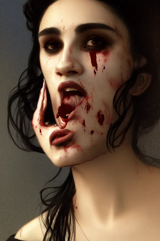 Prompt: 3 / 4 portrait, vampire, brown skin, night, long black hair, prussian blue shirt, beautiful, victorian salon as the background, bloodied mouth, jewelry, alphonse mucha, william bouguereau, rossdraws, greg rutkowski, super detailed, realistic, octane render, volumetric, cinematic, 8 k