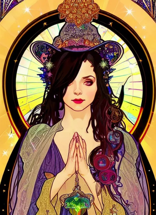 Image similar to fantastic portrait of a beautiftul witch pray with some shinny star, cloak, royally decorated crystal gemstones, symmetrical face, art nouveau, portrait, cute, yoneyama, alphonse mucha, detailed background, artstation, intricate, elegant, highly detailed, colorful, maximalist