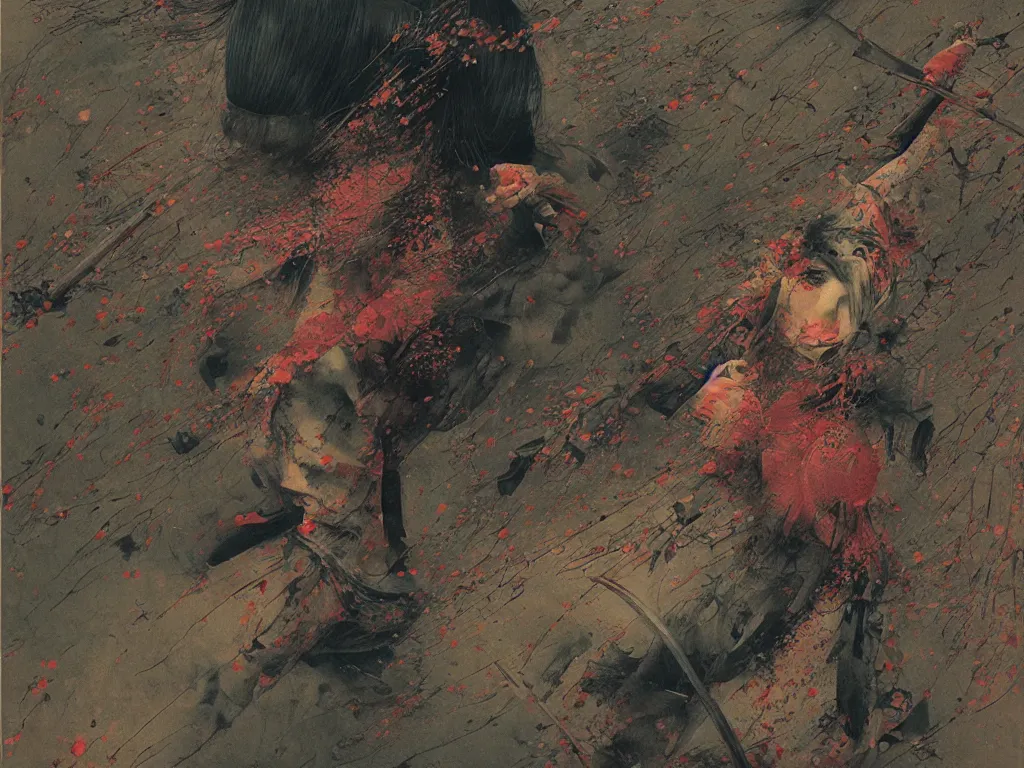 Image similar to japanese schoolgirl runs away from samurai with a katana on the subway, high detailed beksinski painting, part by adrian ghenie and gerhard richter. art by takato yamamoto. deep colours