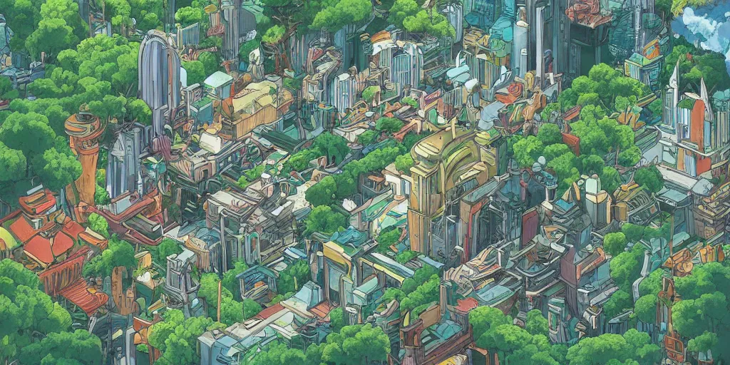 Prompt: future city covered by forest creature, flying, culture, smooth, by studio ghibli