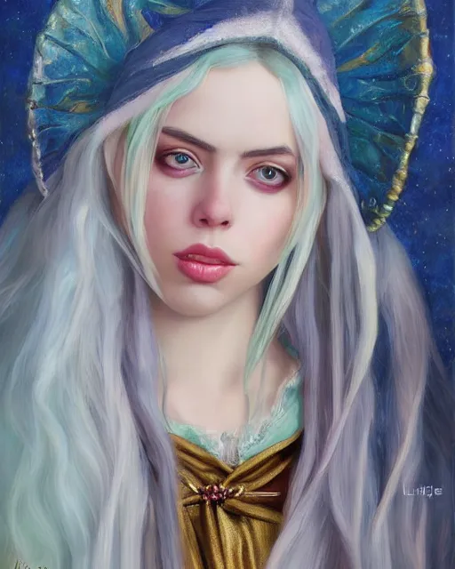 Image similar to billie eilish as a beautiful elf princess, oil painting, by laura sava