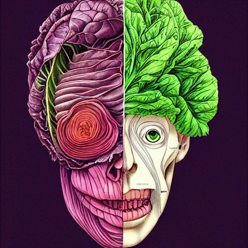 Prompt: the anatomy of a head of lettuce that looks like a pretty woman, an ultrafine detailed painting by james jean, intricate linework, full color, studio ghibli, behance contest winner, vanitas, angular, altermodern, unreal engine