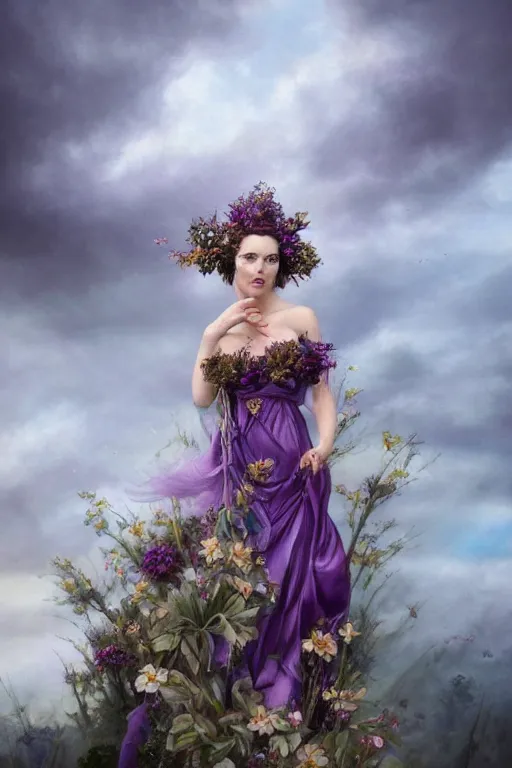 Image similar to closeup portrait fine art photo of the beauty catriona balfe, she has a crown of stunning flowers and dress of purple satin and gemstones, background full of stormy clouds, by peter mohrbacher