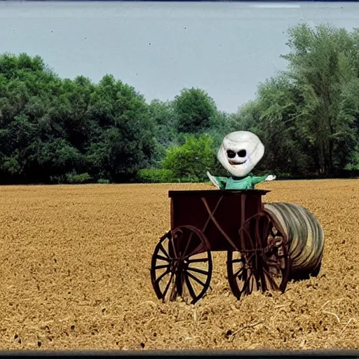 Image similar to an alien riding a wagon in a farm near dikanka, top secret style photo,